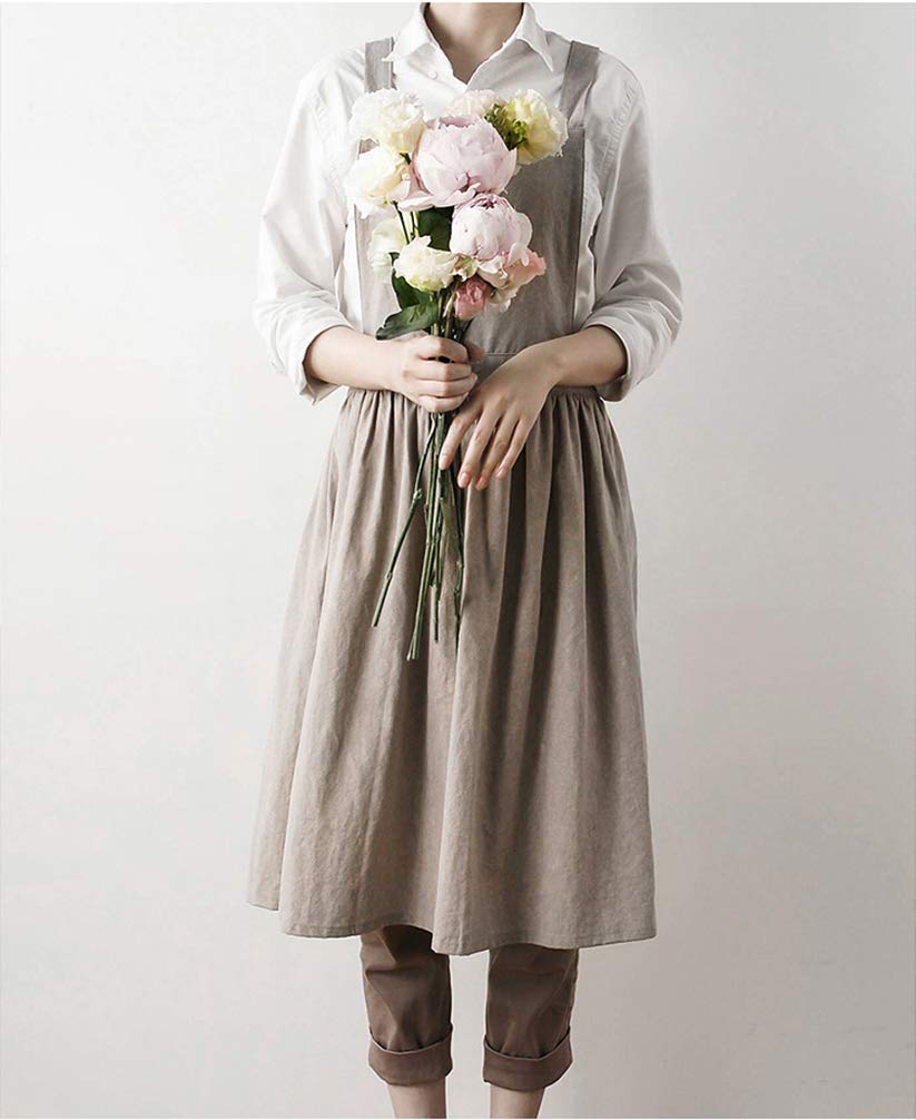 Women Girls Vintage Apron Gardening Works Cross Back Pinafore Dress