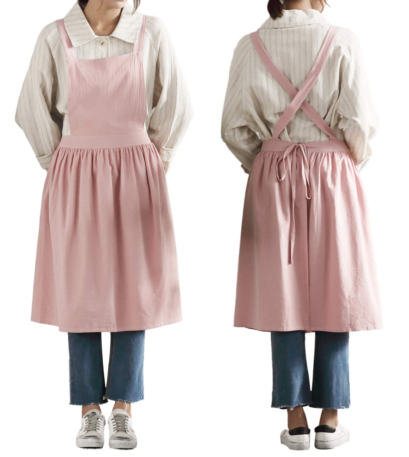 Women Girls Vintage Apron Gardening Works Cross Back Pinafore Dress