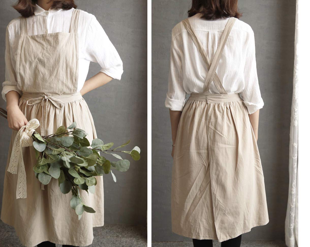 Women Girls Vintage Apron Gardening Works Cross Back Pinafore Dress