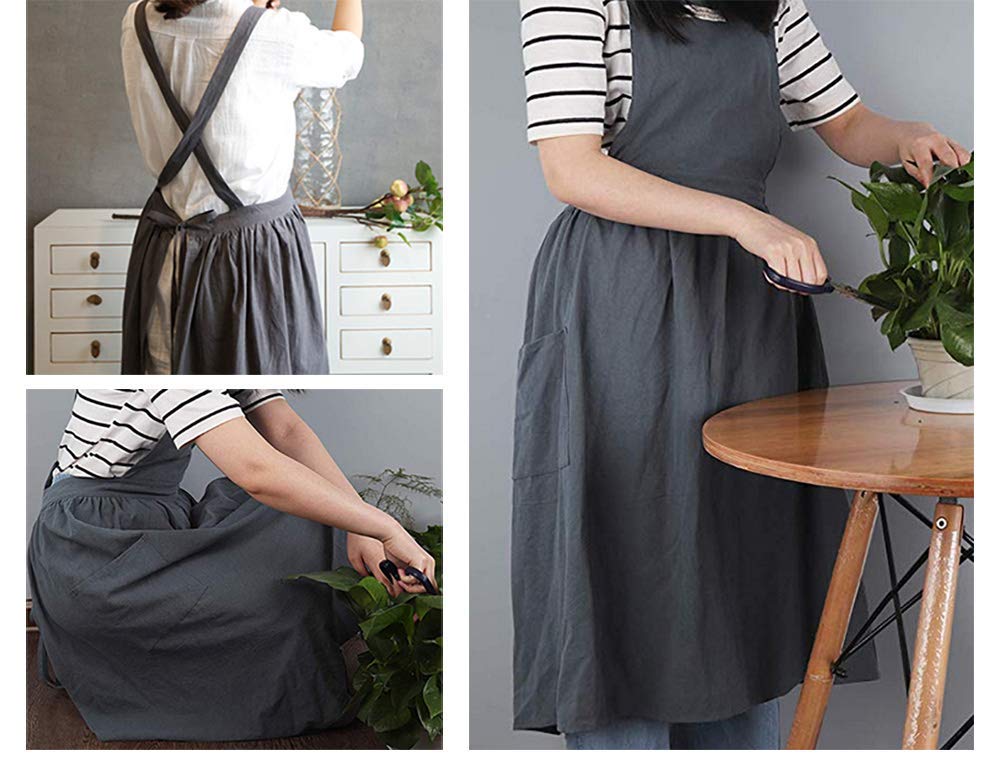 Women Girls Vintage Apron Gardening Works Cross Back Pinafore Dress