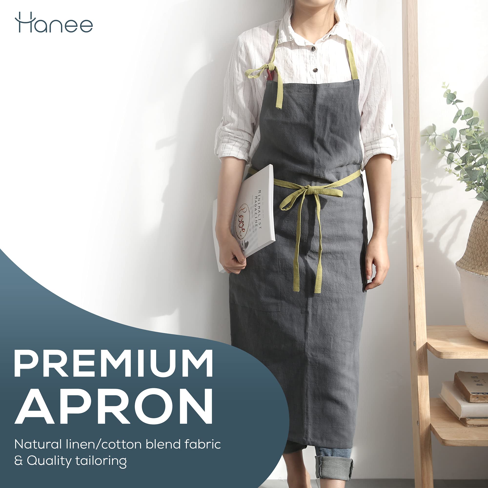 HANEE Kitchen Apron for Women & Men (9 Colors) Linen Cooking Aprons with pocket