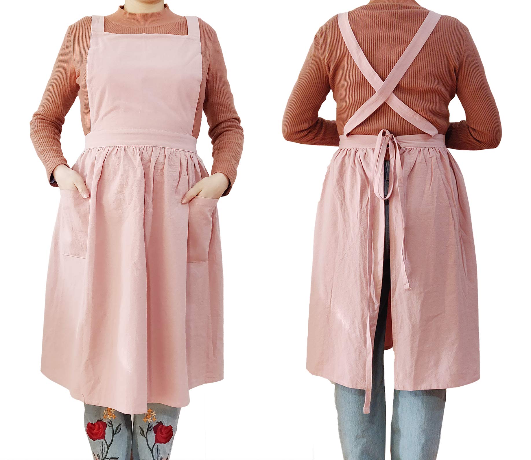 Women Girls Vintage Apron Gardening Works Cross Back Pinafore Dress