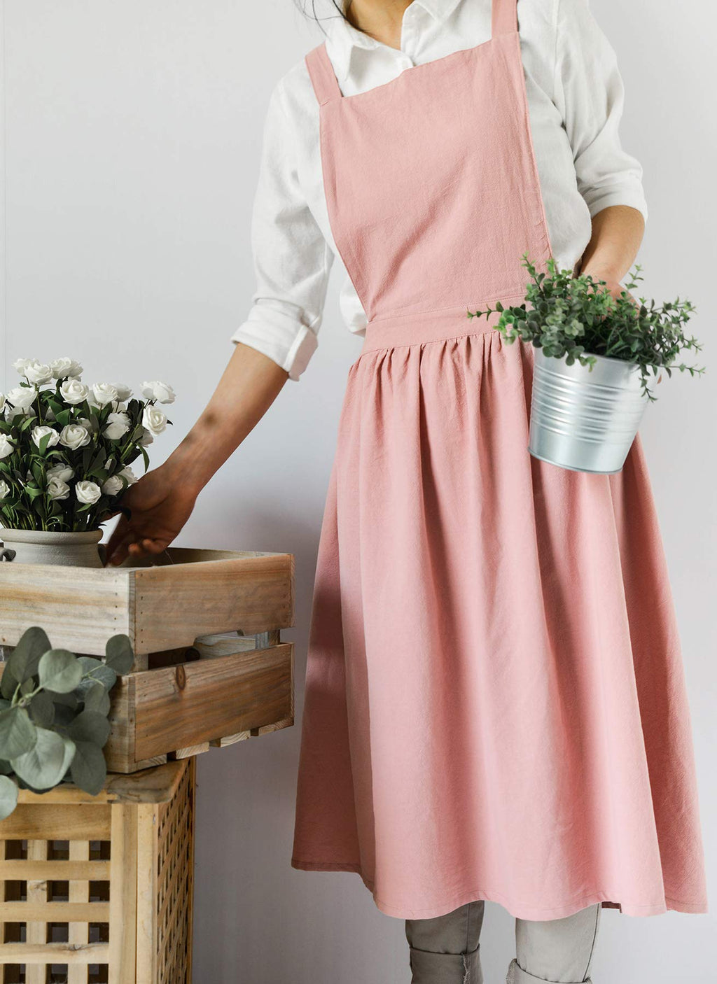 Women Girls Vintage Apron Gardening Works Cross Back Pinafore Dress