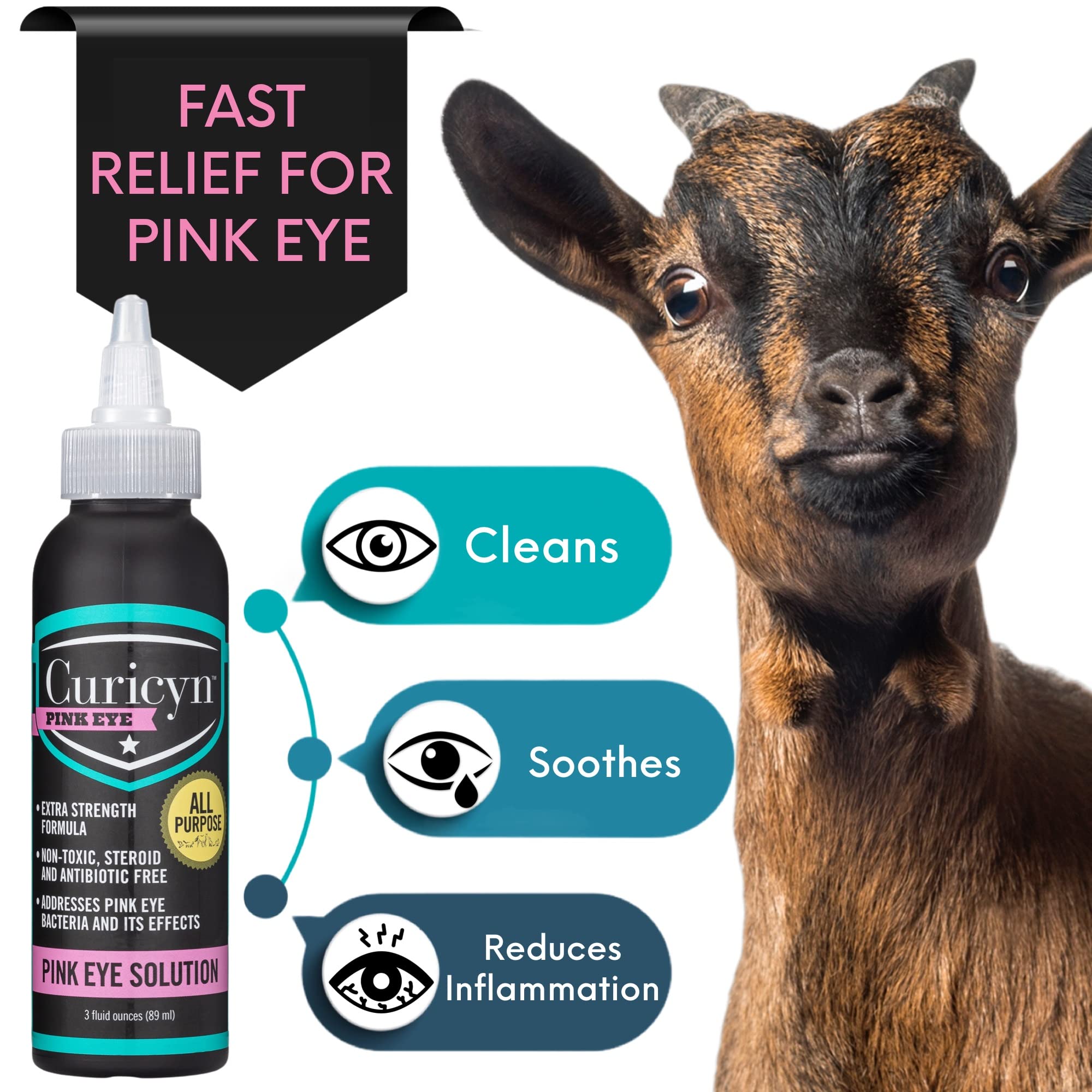 Curicyn Pink Eye Solution (3 oz), Dog Eye Drops, Conjunctivitis Eye Drops for Dogs, Cats, Livestock and Horses, Dog Eye Wash with Purified Anolyte, Safe and Soothing Dog Eye Drops for Infection