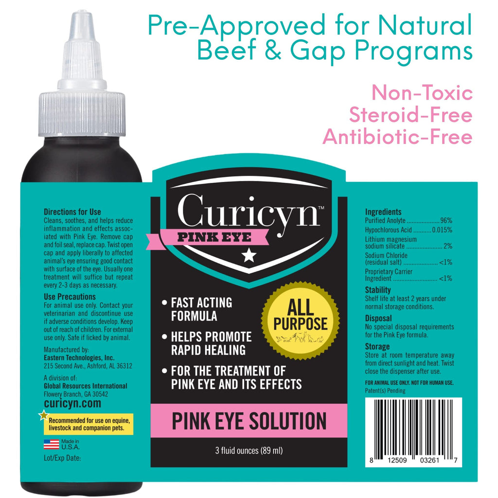 Curicyn Pink Eye Solution (3 oz), Dog Eye Drops, Conjunctivitis Eye Drops for Dogs, Cats, Livestock and Horses, Dog Eye Wash with Purified Anolyte, Safe and Soothing Dog Eye Drops for Infection