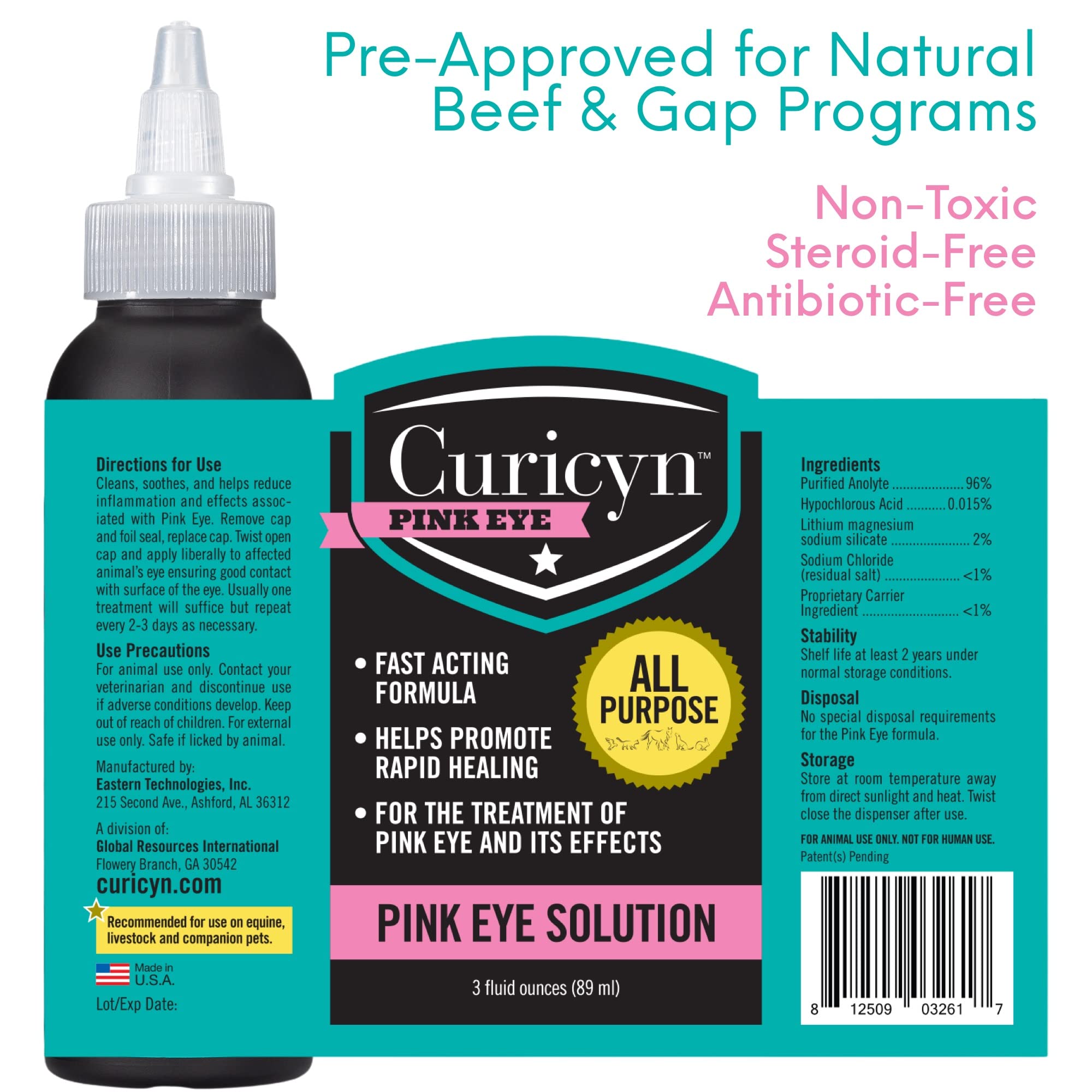 Curicyn Pink Eye Solution (3 oz), Dog Eye Drops, Conjunctivitis Eye Drops for Dogs, Cats, Livestock and Horses, Dog Eye Wash with Purified Anolyte, Safe and Soothing Dog Eye Drops for Infection