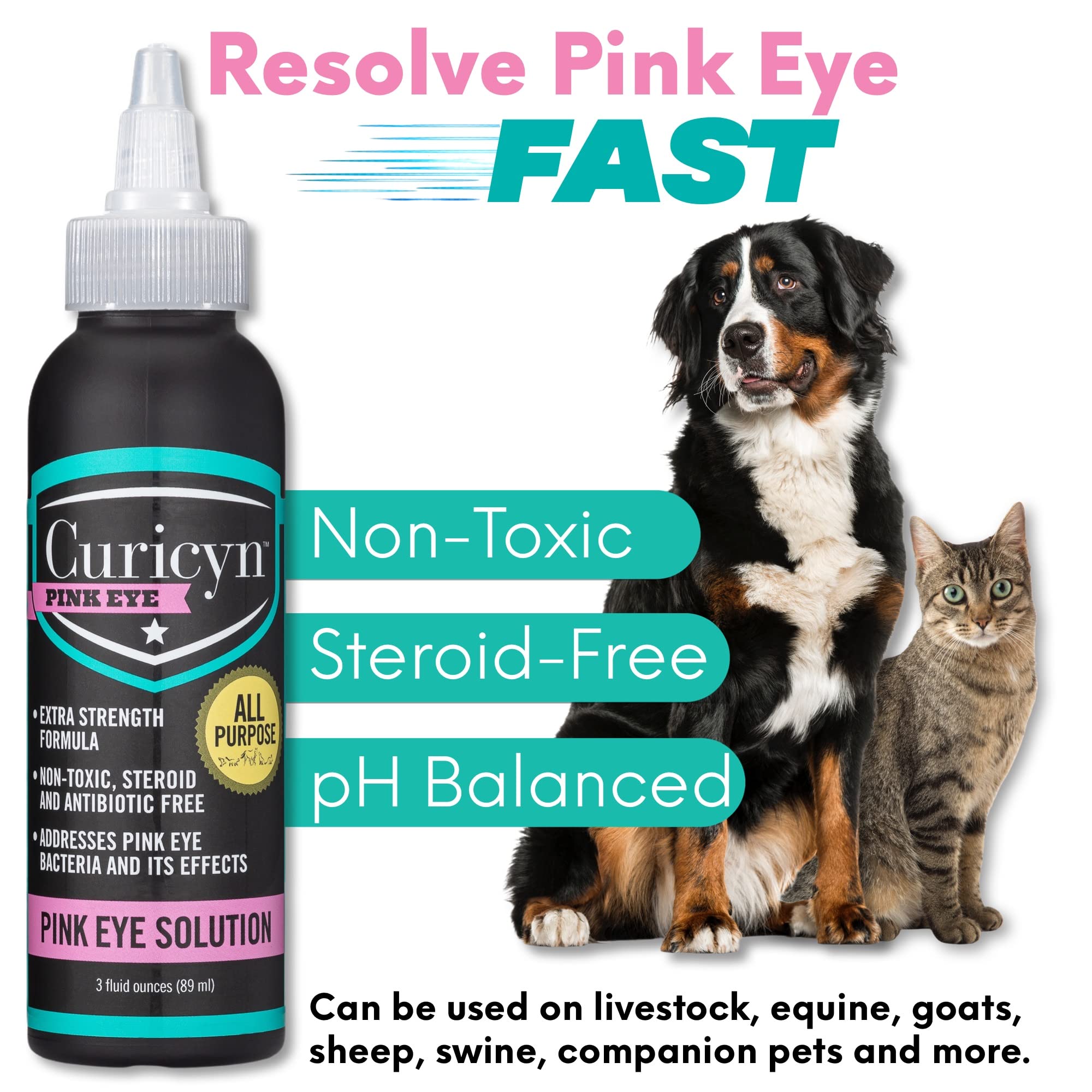 Curicyn Pink Eye Solution (3 oz), Dog Eye Drops, Conjunctivitis Eye Drops for Dogs, Cats, Livestock and Horses, Dog Eye Wash with Purified Anolyte, Safe and Soothing Dog Eye Drops for Infection