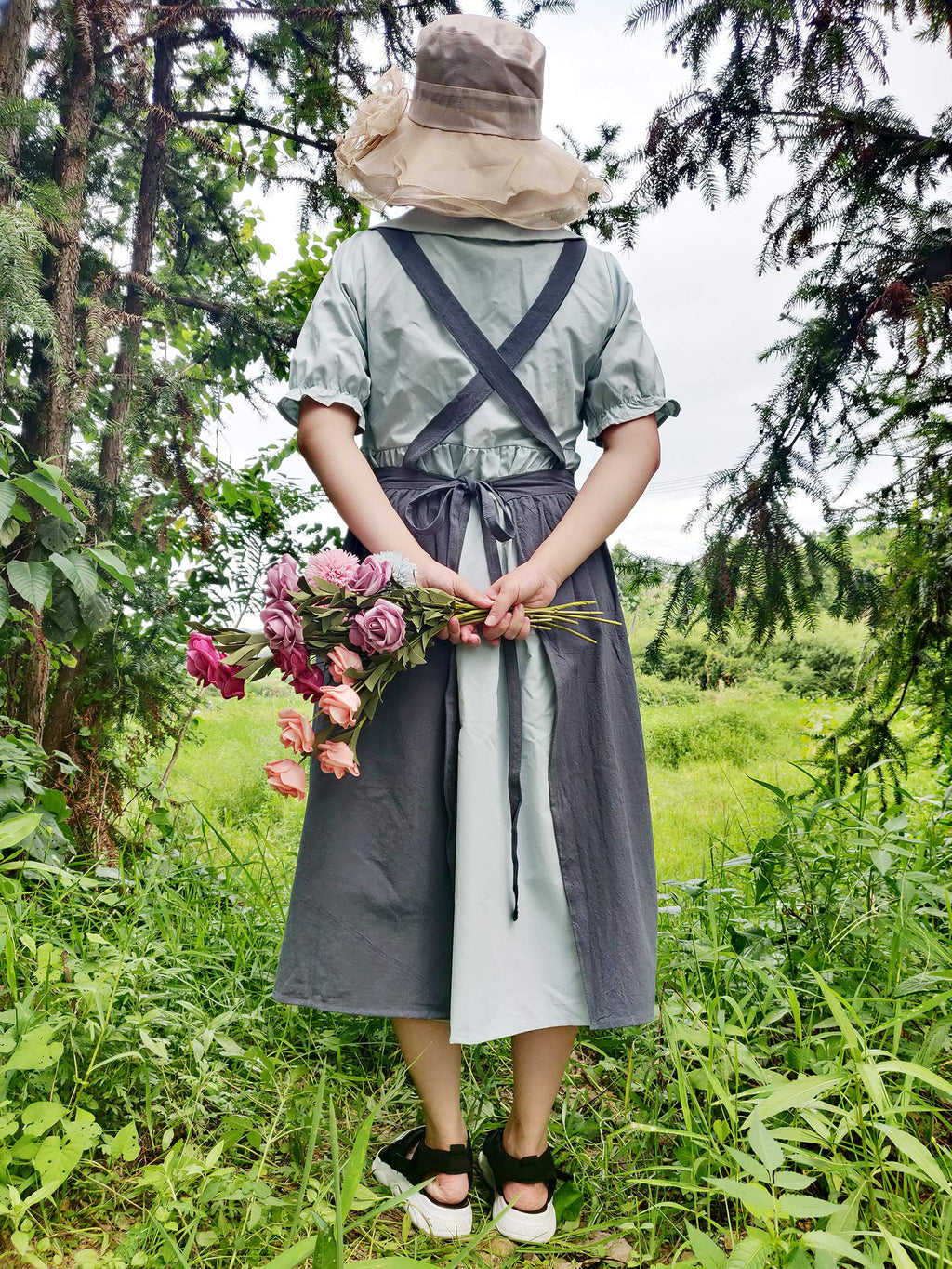 Women Girls Vintage Apron Gardening Works Cross Back Pinafore Dress