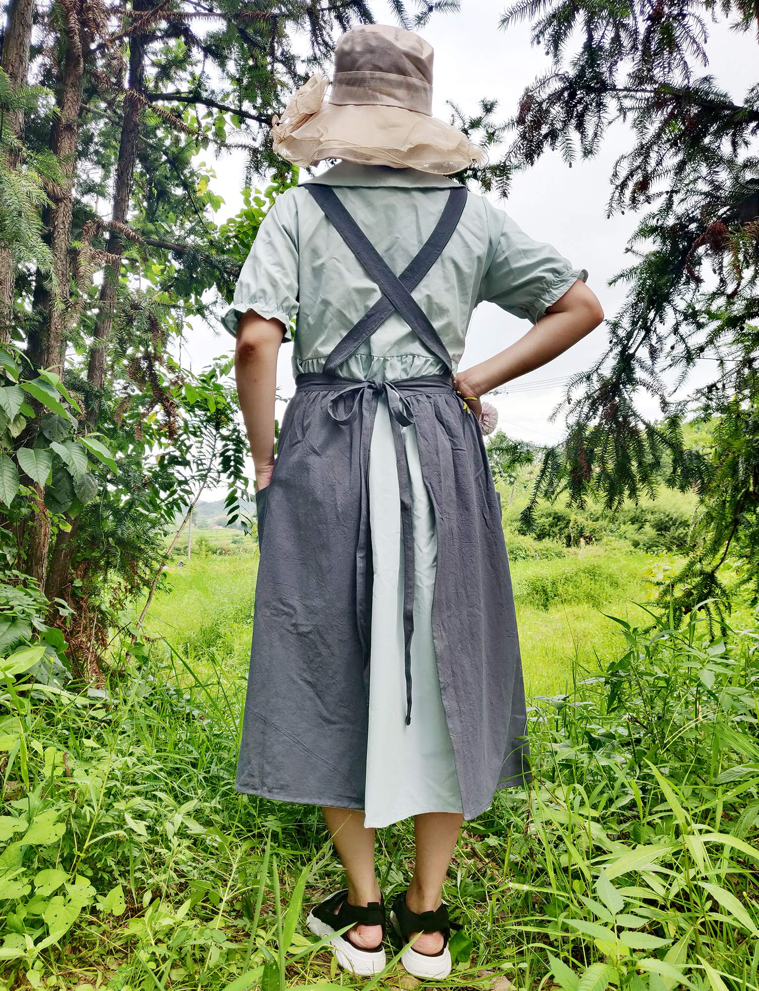Women Girls Vintage Apron Gardening Works Cross Back Pinafore Dress